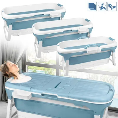 Produktbild von QEENTOE Faltbare Badewanne Erwachsene 112x62x52cm, Tragbare Sitzbadewanne mit Abdeckung, Massagerollen & Seifenkorb, Kunststoff Badewanne, Blau