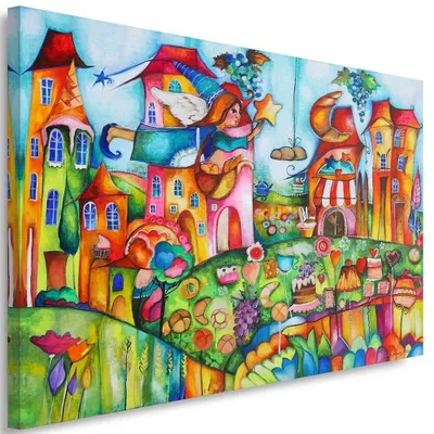 Produktbild von Leinwandbild fee in einer bunten stadt 100x70 cm Feeby farbe wandbild bereit zum aufhängen