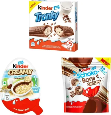 Produktbild von Kinder Creamy + Kinder Crispy Schoko Bons Groß 67g & Kinder Tronky+Heartforcards Versandschutz