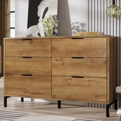 Image de Commode AIORBER 120x40x76 cm avec 6 tiroirs, design industriel avec structure métallique, pieds réglables, chêne foncé
