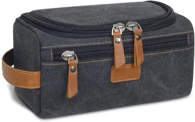 Produktbild von Organizer-Tas für Männer mit Leder-Details, wasserdichter Make-up-Organizer und Rasierer mit Haken und Fächern, Reise-Tasche für Geschäftsreisen und Urlaub, schwarz