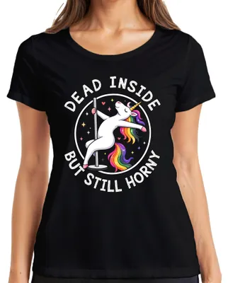 Productafbeelding van "Binnenin dood, maar nog steeds zin in . Een grappig eenhoorn-shirt met een regenboog. Sarcastisch dames T-shirt, zwart, maat L."