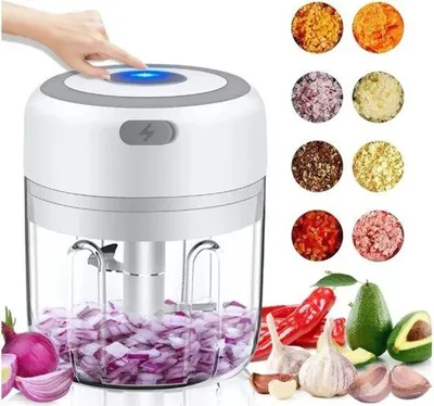 Obrázek produktu pro Elektrický sekáček 250 ml, dobíjecí přes USB, ovládání jedním tlačítkem, vodotěsný, nerezové nože, na česnek a zeleninu