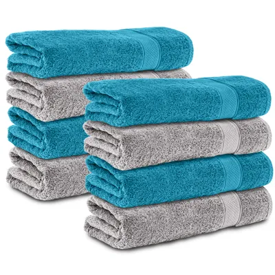 Produktbild von Komfortec 8er Duschtücher 70x140 cm Set aus 100% Baumwolle, 470g/m², Frottee, Weich, Silber Grau/Türkis