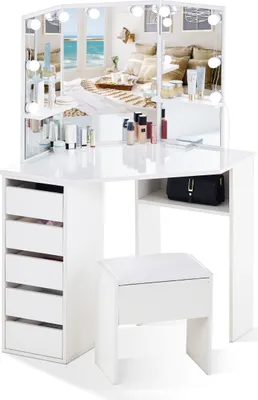 Image de Coiffeuse CLIPOP,114x55x140cm Coiffeuse d'angle avec éclairage LED, Coiffeuse avec 5 tiroirs, 3 miroirs