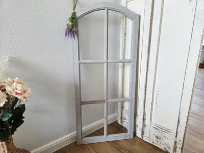 Produktbild von Großes Deko Holzfenster mit Stichbogen & Sprossen 50x111cm "Altes grau" Fensterrahmen