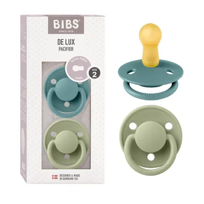 Produktbild von BIBS De Lux Schnuller 2er-Pack, BPA-frei, Kirschform Nippel. Naturkautschuk / Latex, Hergestellt in Dänemark. Größe 2 (6-18 Monate), Island Sea / Sage