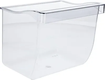 A clear plastic storage bin with handles at the top.