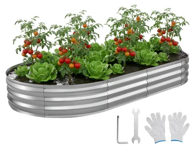Immagine prodotto di VEVOR Aiuola rialzata in metallo 240x120x30 cm, aiuola ovale da giardino, set di fioriere per esterni, orto con guanti, aiuola senza fondo, aiuola per fiori, erbe aromatiche e ortaggi, argento