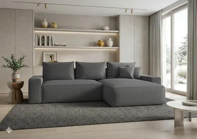 Image de Canapé d’angle CALIFORNIA droit gris foncé velours côtelé Poso 60 - fonction couchage, coffre de rangement pour la literie