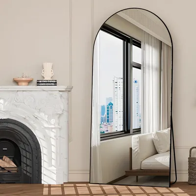 Immagine prodotto di Specchio a figura intera, 180x80 cm, curvo, nero, da appoggio a pavimento con supporto, possibilità di montaggio a parete