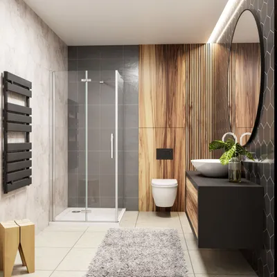 A modern bathroom with a shower, toilet, and vanity.