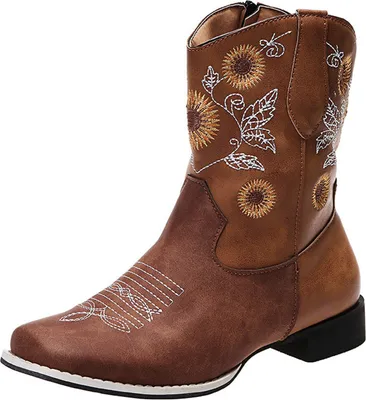 Produktbild von ASKSA Damen Stiefeletten mit Absatz Plateau Kurzschaft Sonnenblume Ankle Boots Kurz Stiefel, Braun, Größe: 42