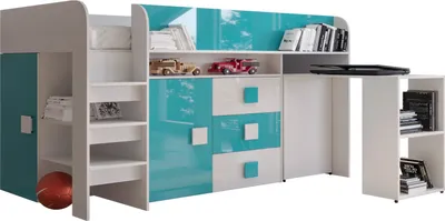 Produktbild von Etagenbett für Kinder Toledo 1 Stockbett mit Treppe und Bettkasten (Weiß + Türkis Glanz)