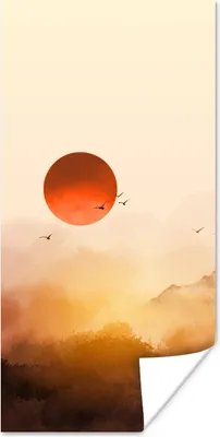 Produktbild von MuchoWow® Poster Malerei - Sonne - Landschaft - Vögel 40x80 cm - Dekoration