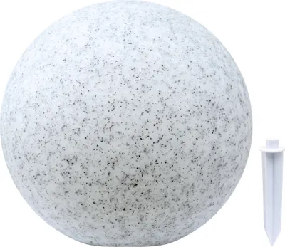 A speckled white sphere with a white stake next to it, on a white background.