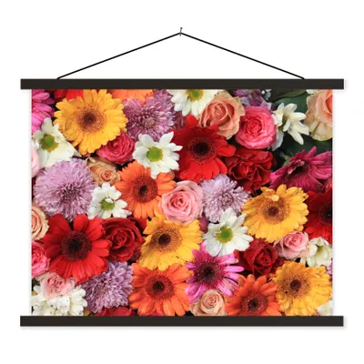Produktbild von MuchoWow® Textilposter Blumen - Farben - Gerbera - Rosen 120x90 cm mit schwarzem Rahmen - Aufhänger für Poster