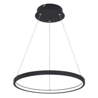 A black ring-shaped LED pendant light suspended from a ceiling mount.