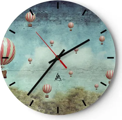 Produktbild von Wanduhr - Rund - Glasuhr - Baloons Phantasie Illustration Fantasie - 30x30cm - Schleichendes Uhrwerk - Lautlos - zum Aufhängen bereit - Dekoration Modern - Wanddekoration aus Glas - C3AR30x30-3065