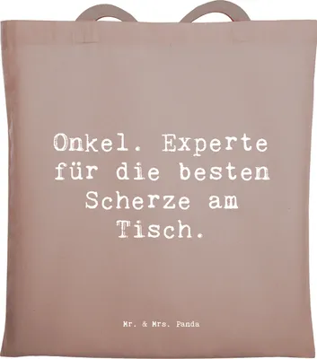 Produktbild von Mr. & Mrs. Panda Tote Bag Spruch Onkel Scherzkönig - Braun Pastell - Geschenk, Tasche, Laptoptasche, Familie, Ersatzvater, Schultasche, Familienangehöriger, canvas