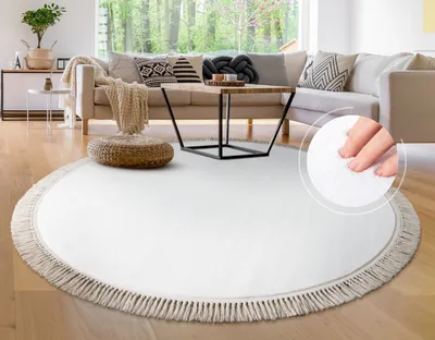 Produktbild von Teppich Rund Wohnzimmer Kinderzimmer Hochflor Rutschfest Einfarbig Fransen Weich Grösse Ø 100 cm Rund