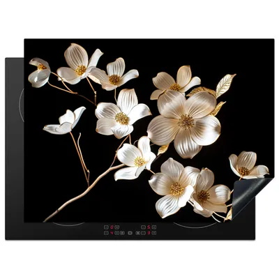Produktbild von KitchenYeah© Herdabdeckplatte Schwarz - Blumen - Weiß , 71x52cm, Küche Deko, Glaskeramikkochfeld Herdabdeckung, Abdeckplatte fùr Kochfeld