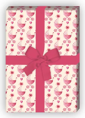 Produktbild von Süßes gemaltes Baby Geschenkpapier mit Kinderwagen, rosa - G11491, 32 x 48cm