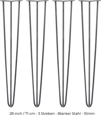 Produktbild von SKISKI Legs 4 x 3 Streben Hairpin-Legs Haarnadelbeine Haar-Nadel-Beine Haarnadel-Beine Tischbeine Stuhlbeine Möbelbeine Möbelfüße Haarnadel-Tischbeine 71cm H 10mm D Rohstahl