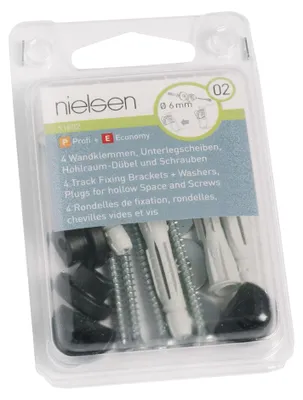 Produktbild von nielsen Wandklammern für Galerieschiene mit Schrauben, Unterlegscheiben und Hohlraumdübeln (4 Stück/Packung)