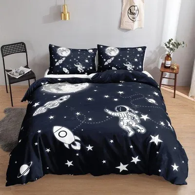 Image de Ensemble de literie pour enfant avec motif de lune et d'étoiles, comprenant 2 taies d'oreiller