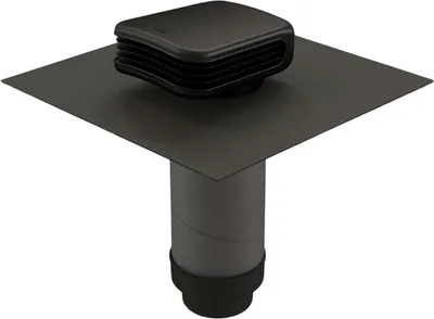 A black roof vent with a square flange and a cylindrical pipe extending downwards, set against a white background.