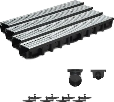 Produktbild von 4m Entwässerungsrinne Terrassenrinne Stahlrost verzinkt komplett SET, System A15 98mm