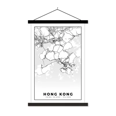 Produktbild von MuchoWow® Textilposter Karte - Hongkong - Schwarz-weiß - Stadtplan - Routenbeschreibung 40x60 cm mit schwarzem Rahmen - Wanddekorationen