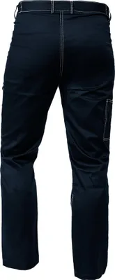 A back view of dark blue work pants on a white background.