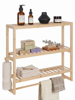 Zdjęcie produktu dla Relaxdays – półka ścienna do łazienki, wys. x szer. x gł.: 54 x 60 x 15 cm, bambus, wieszak na ręczniki, 2 haczyki, wąska półka wisząca do kuchni, kolor naturalny