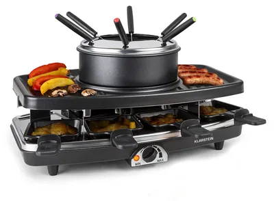 Produktbild von Klarstein 3-in-1 Raclette Fondue Kombi und Grill, 1100W Raclette-Fondue-Set mit Steinplatte, Elektrischer Fondue Raclette Grill für 8 Personen mit 8 Pfännchen & Fonduegabeln, Raclette-Gerät Elektrisch