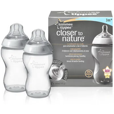 A product shot of Tommee Tippee baby bottles and their packaging.
