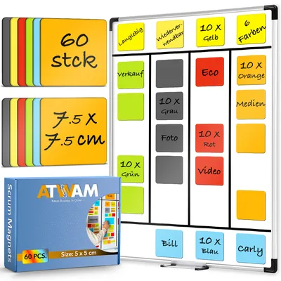 Produktbild von ATWAM Scrum Magnete - Whiteboard Magnete - 60 Stück - Wiederbeschreibbare Magnete - Kanban - 7,5 cm breit x 7,5 cm lang - 6 Farben