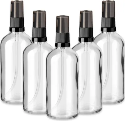 Produktbild von 5x Klare Glasflasche 100 ml mit schwarzer Pumpe Kosmetikverpackung Set