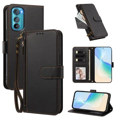 Produktbild von Geldbörse Hülle für Motorola Edge 30, Kunstleder Handyhülle mit Kartenfächer, Ständer, Handschlaufe Schwarz