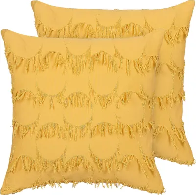 Obrázek produktu pro BELIANI Sada 2 dekorativních polštářů žlutá látková 45 x 45 cm se střapci boho retro styl doplňky dekorace