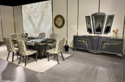 Produktbild von Esszimmer Set 9 tlg. Esstisch + 6x Stühle Anrichte mit Spiegel Grau
