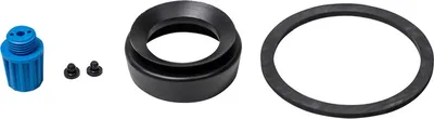 A set of plumbing parts, including a blue threaded adapter, two small black screws, a black conical seal, and a black ring seal, arranged on a white background.