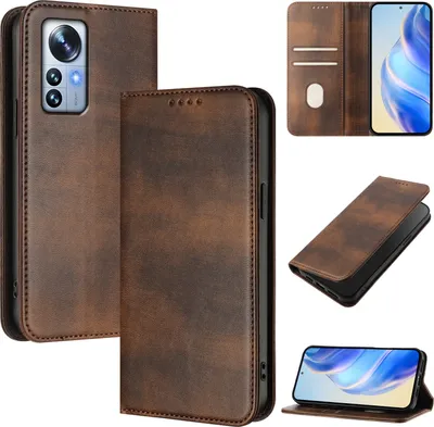 Produktbild von Handyhülle für Xiaomi 12 Pro/Xiaomi 12S Pro, Vintage Leder RFID Schutz Kartenfach Standfunktion Magnetische Klapphülle Braun
