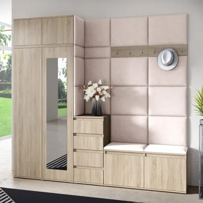 Produktbild von Garderoben-Set BERLIN – Kleiderschrank mit Polsterplatten, Schuhschrank und Schrankaufsatz, für Flur und Eingangsbereich (Sonoma Eiche, Trinity 01)