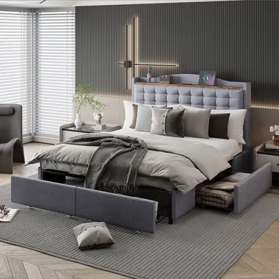 A modern bedroom with a large bed, nightstands, and a chair.