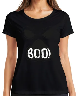 Immagine prodotto di BOO! Halloween faccia spaventosa fantasma spettrale t-shirt vintage da donna, nero, L