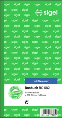 Produktbild von SIGEL BO082 Bonbuch, 5x 360 Abrisse, 5 Farben sortiert, 105x200 mm, mit Blaupapier, 2 x 60 Blatt