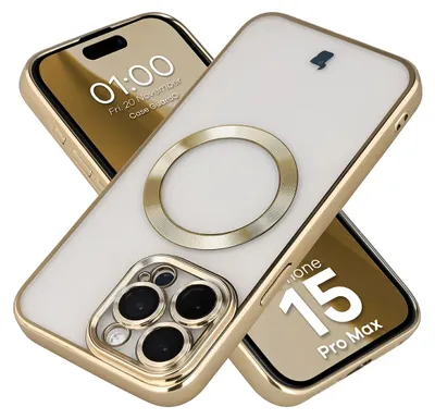 Produktbild von Handyhülle mit Kameraschutz und Magnetring für iPhone 15 Pro Max, Bizon Case GuardO, Transparent-Golden