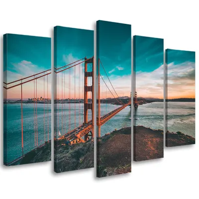 Produktbild von 5-teiliges leinwandbild san francisco brücketürkis 150x100 cm Feeby blau wandbild bereit zum aufhängen